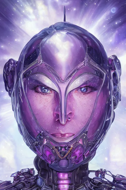 Prompt: extreme close up facial portrait, pale woman with tied purple hair in sci - fi armor, bionic armor, stoic, powerful, by artgerm and yoshitaka amano and moebius and alphonse mucha, hyperdetailed, dc comics, ornate, nebula, explosions in the sky, trending on artstation