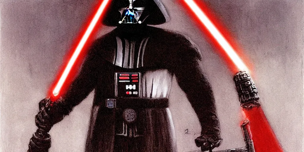 Prompt: Darth Vader with a red lightsaber by Beksinski, Luis Royo