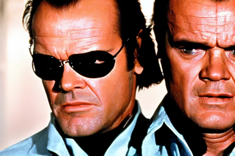 Prompt: Jack Nicholson plays Terminator, he is missing one yes, scene, still from the film