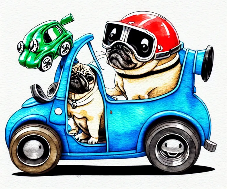 Prompt: cute and funny, pug wearing a helmet riding in a tiny hot rod with oversized engine, ratfink style by ed roth, centered award winning watercolor pen illustration, isometric illustration by chihiro iwasaki, edited by range murata, tiny details by artgerm and watercolor girl, symmetrically isometrically centered