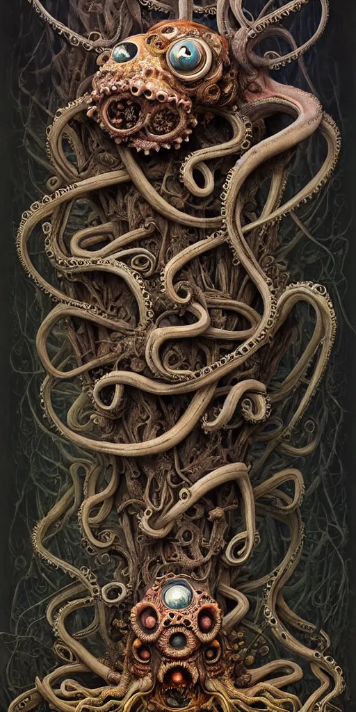 Prompt: biomechanical creature with big octopus head and (glowing) eyes guarding an ancient chest in a mystic forest, gothic and baroque, brutalist architecture, ultradetailed, Intricate by Ellen Jewett and Josan Gonzalez and Giuseppe Arcimboldo
