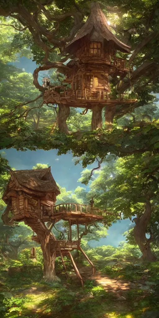 Prompt: beautiful tree house on a forest path, beautiful ancient trees, hiding large treasure chest, serene evening atmosphere, soft lens, soft light, cel - shading, animation, in the style of cgsociety, deviantart, artstation, zbrush, cinema 4 d, studio ghibli, akihiko yoshida, atelier lulua, masamune shirow