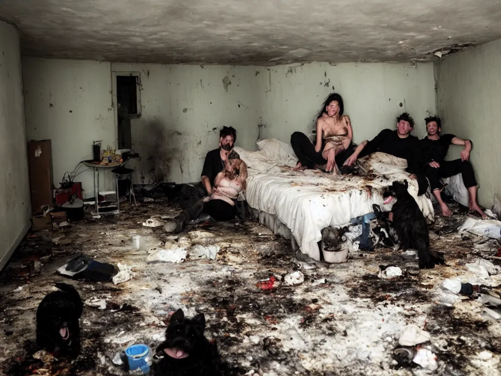 Image similar to a photograph of a man and a woman in a disgustingly filthy apartment, they are mouldy and obviously intoxicated. they have merged with the walls and ceiling, levitating above a cloud of nebulous dogs