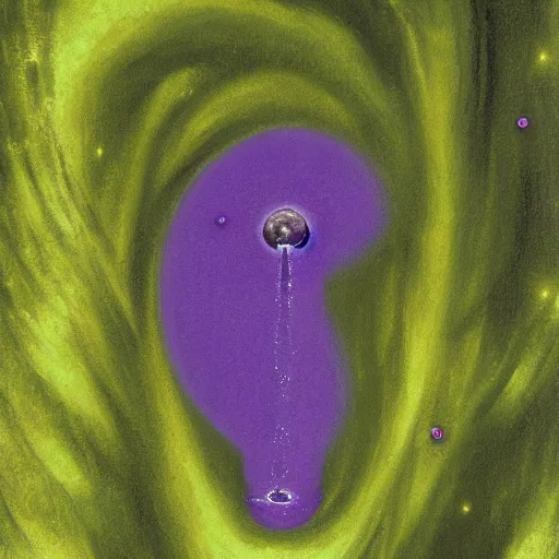 Prompt: James Webb photo of Purple elephant falls from a green waterfall into a supermassive black hole, photorealism