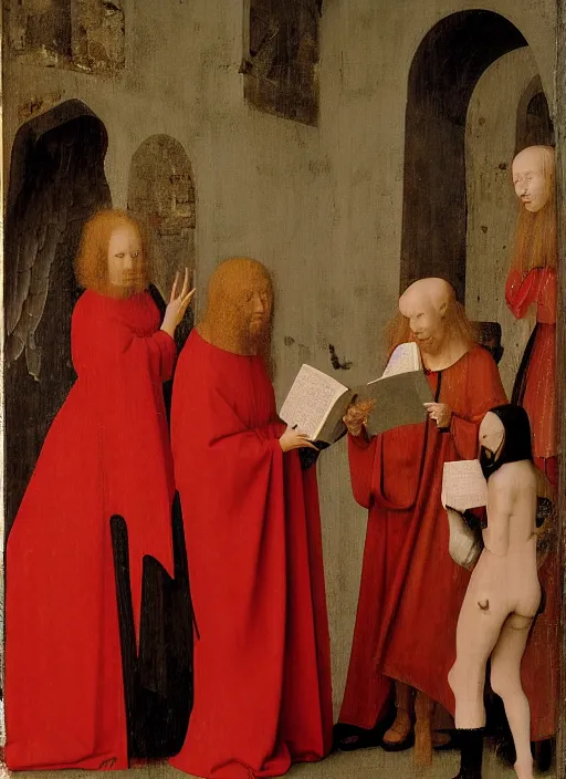 Image similar to fallen angels dressed in red reading the bible and arguing in Tuscany by Jan van Eyck, Hieronymus Bosch, 4k post-processing, highly detailed medieval painting