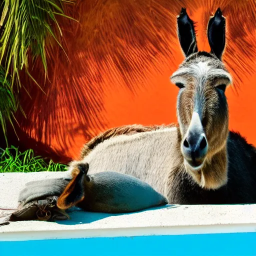 Prompt: donkey on a sunbed, tropical background