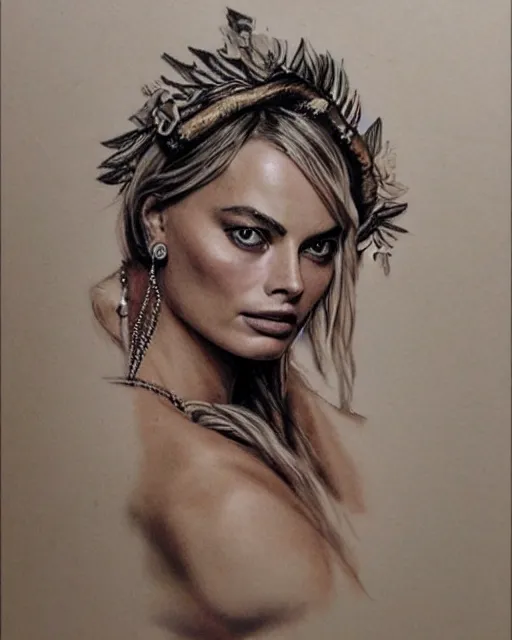 Image similar to realism tattoo sketch of margot robbie as a beautiful greek goddess aphrodite with piercing eyes wearing a laurel wreath and triangle earrings, in the style of greg rutkowski, amazing detail