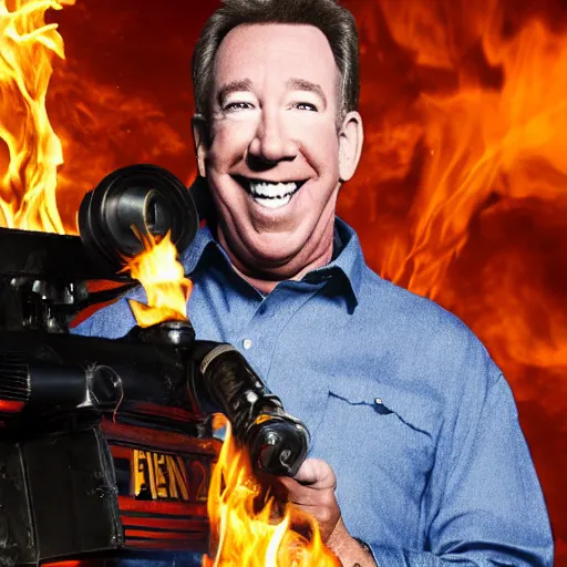 Prompt: tim allen with a flamethrower