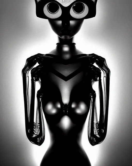 Image similar to surreal mythical dreamy dark artistic black and white fine art 3 / 4 fashion portrait photo of a young beautiful delicate female robot with orchid - owl face, rim light, cinematic, studio dramatic light, poetic, masterpiece, octane render, 8 k, photo - realistic by hg giger and man ray