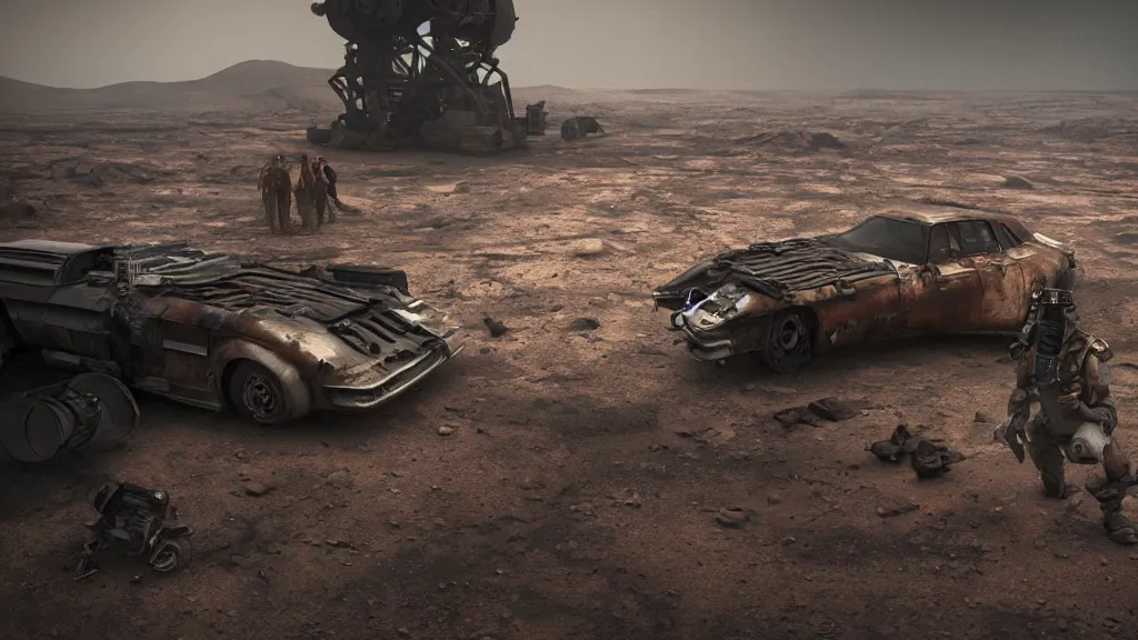 Image similar to a photorealistic dramatic hyperrealistic life on mars, ultra realistic details, glossy surface, well worn, rust, oil stains designed by vitaly bulgarov and mike nash, beautiful dramatic dark moody tones and lighting, smokey cinematic atmosphere, global illumination, shadows, dark background, octane render, 8 k