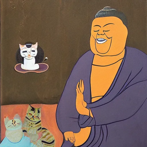 Image similar to painting of the - laughing - buddha with cat