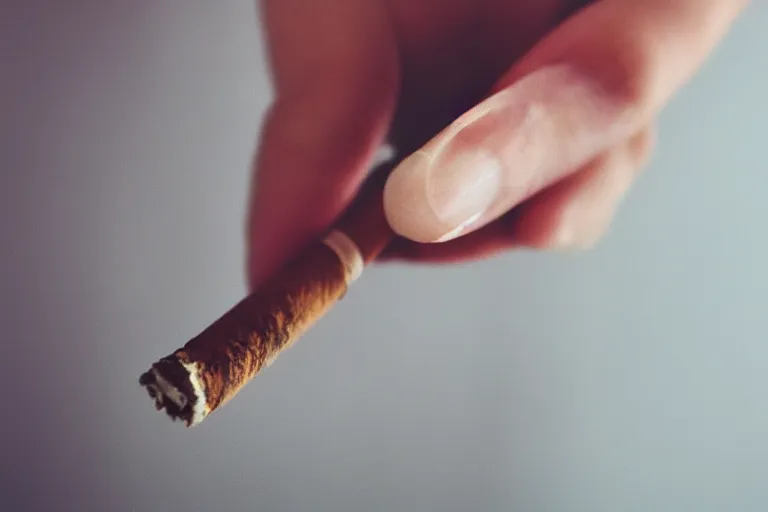 Image similar to Close-up photo of thin soft hand holding cigarette with smoke, hyper realistic