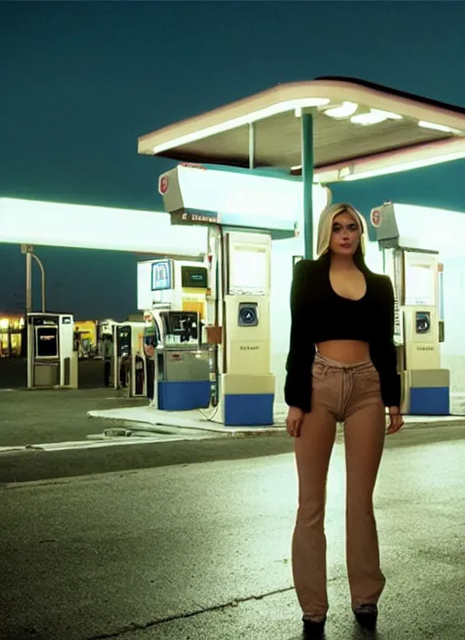 Image similar to a pov, color cinema film still of kylie jenner standing at a gas station, ambient lighting at night, from better call saul ( 1 9 9 9 ).