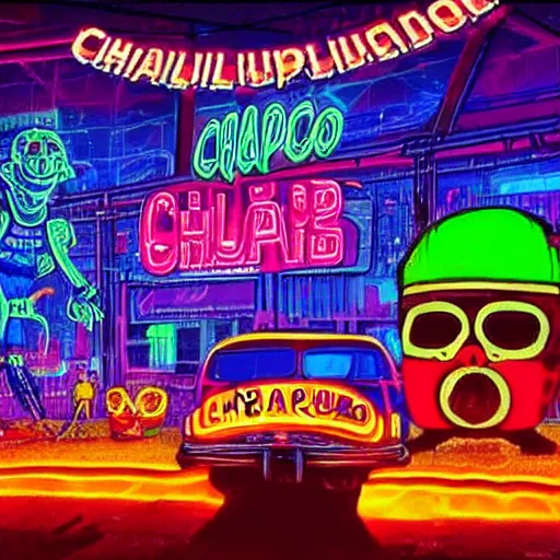 Image similar to El Chapulin Colorado in a Cyberpunk world, futuristic, neon lighting