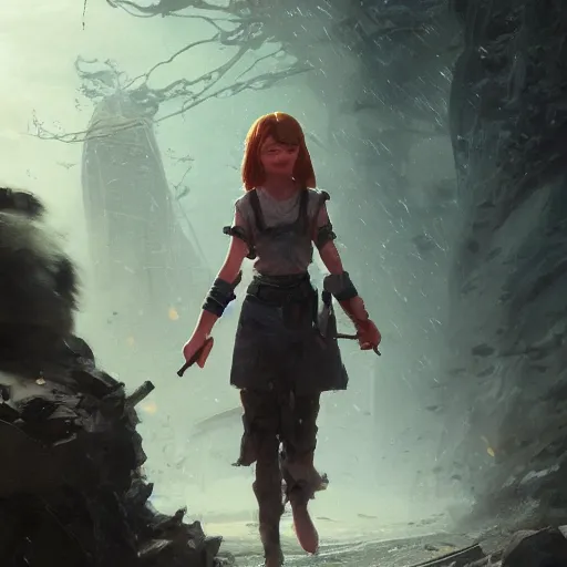 Image similar to a highly detailed epic cinematic concept art CG render digital painting artwork: teenage Sadie Sink in action. By Greg Rutkowski, Ilya Kuvshinov, WLOP, Stanley Artgerm Lau, Ruan Jia and Fenghua Zhong, trending on ArtStation, subtle muted cinematic colors, made in Maya, Blender and Photoshop, octane render, excellent composition, cinematic atmosphere, dynamic dramatic cinematic lighting, precise correct anatomy, aesthetic, very inspirational, arthouse