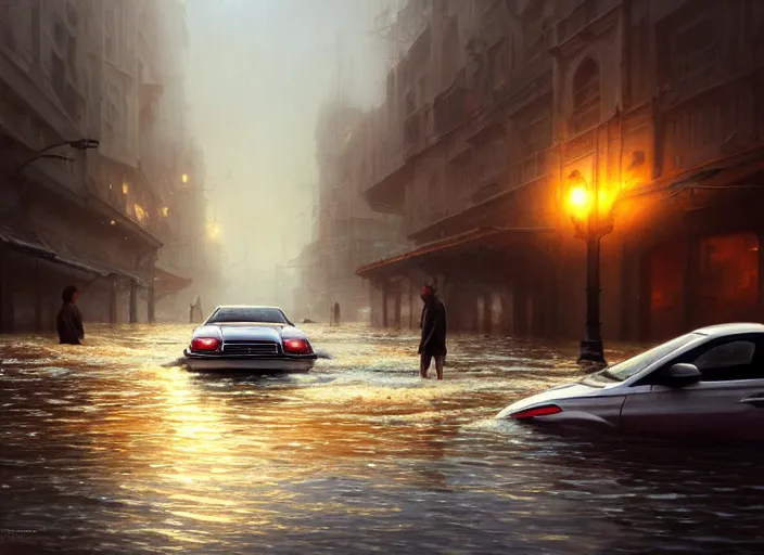Prompt: cars driving through shallow water, flooded city, people walking through shallow water, muted colors, highly detailed, hyperrealistic, oil painting, intricate, cgsociety, artstation, 8 k, cinematic, soft lighting, by greg rutkowski, by wlop, by artgerm