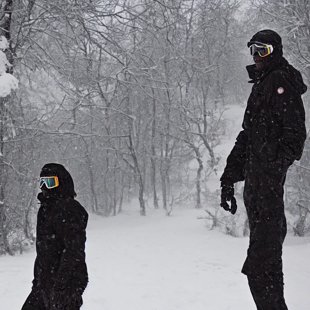 Image similar to photo, old black man wandering in the snow, moncler jacket, ski goggles, wild unkempt hair, mischevious grin, portrait, cold color temperature, snow storm. hazy atmosphere. humidity haze. kodak ektachrome, greenish expired film, award winning, low contrast