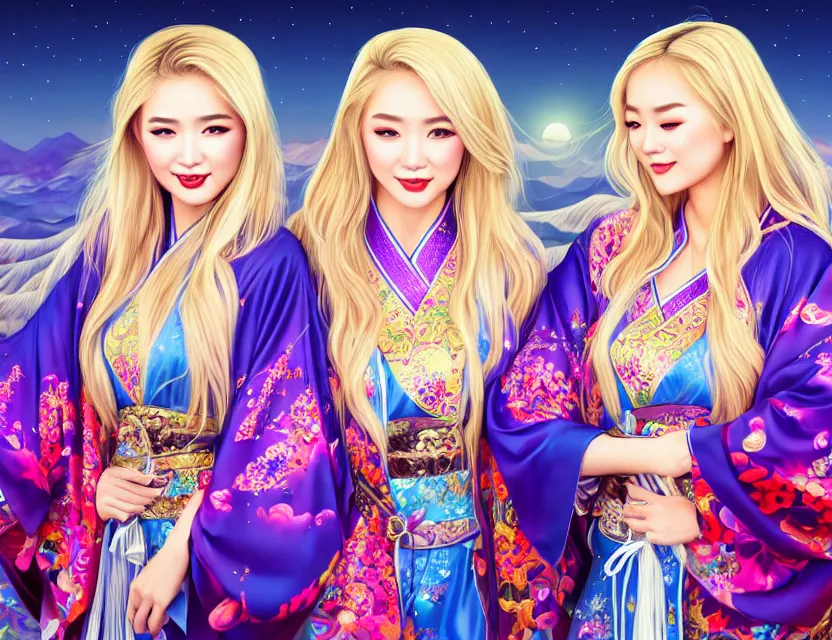 Image similar to two beautiful alluring blonde uighur girls wear fantasy kimono in festival | | sunny night, full moon, dreamlike art, realistic shaded, smile, good looking, hyper details, 4 k realistic, cryengine, realistic shaded lighting poster by artgerm, ross tran, fuji choko, 8 k resolution, trending on artstation, luxury