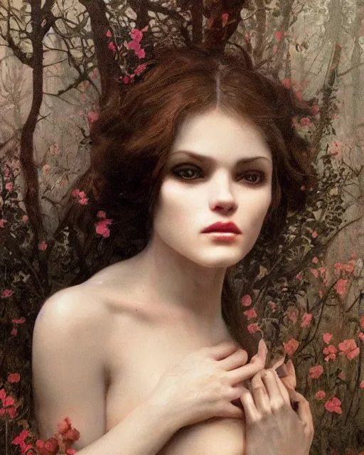 Image similar to a beautiful but sinister and creepy woman in layers of fear, with haunted eyes, violence in her eyes, putting on lipgloss, 1 9 7 0 s, seventies, delicate embellishments, a little blood, woodland, moonlight shining on wildflowers, painterly, offset printing technique, by alexandre cabanel