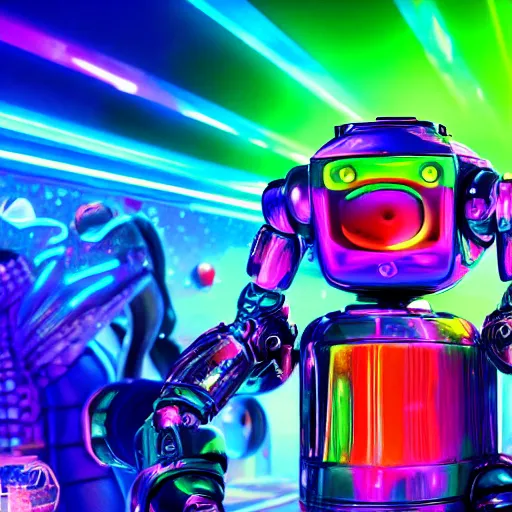 Prompt: robodad cybercore disco rave. icy colorful drink. bright scene. fine detail. this 4 k hd image is trending on artstation, featured on behance, well - rendered, extra crisp, features intricate detail, epic composition and the style of unreal engine.