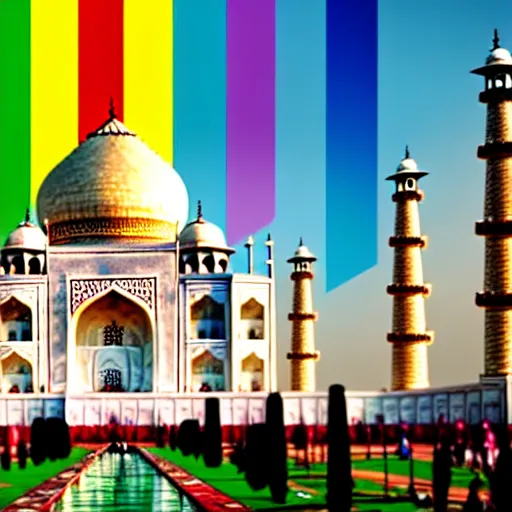 Prompt: photo of gay pride at ( ( ( ( taj mahal ) ) ) ), cinematic color grading, soft light, faded colors, well framed, sharp focus, 8 k