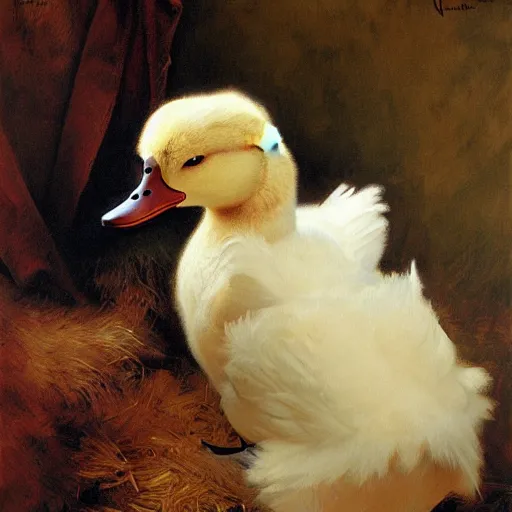 Image similar to a portrait of a furry duck wearing a tshirt and pants, hairy, furry body, furry chest, furry arms, furry legs, tail. highly detailed painting by gaston bussiere, craig mullins, j. c. leyendecker, furry