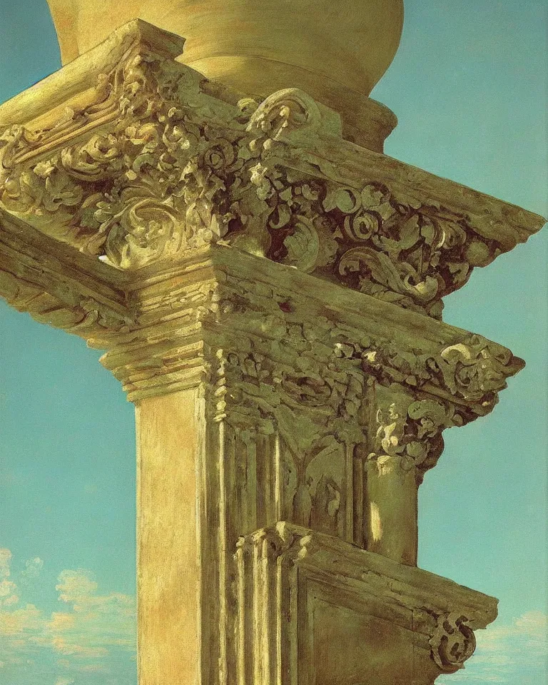 Image similar to achingly beautiful painting of intricate ancient roman corinthian capital on emerald background by rene magritte, monet, and turner. giovanni battista piranesi.