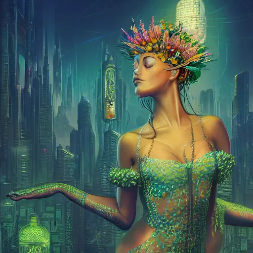 Image similar to Beautiful 3d render of the flower queen in a sensual pose, in the style of Dan Mumford and Johfra Bosschart, with a crowded futuristic cyberpunk city in the background, astrophotgraphy