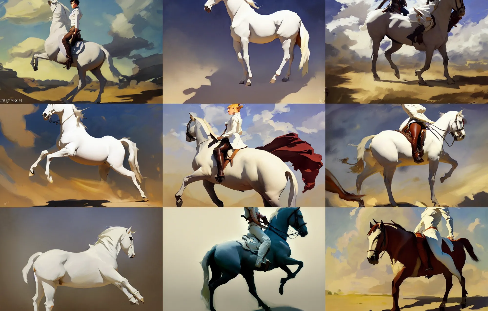 Prompt: cloth fabric white horse jodhpurs side view greg manchess painting by sargent and leyendecker, studio ghibli, fantasy, medium shot, asymmetrical, intricate, elegant, matte painting, illustration, hearthstone, by greg rutkowski, by greg tocchini, by james gilleard, by joe fenton