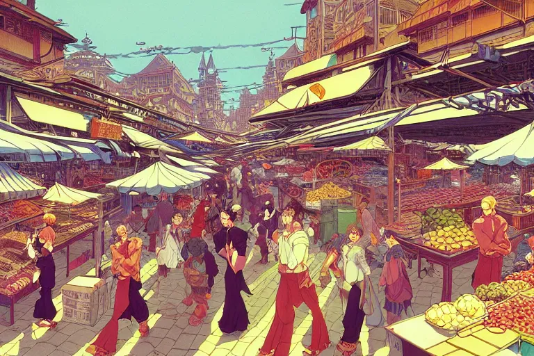 Image similar to cel shaded study of a busy market in a fantasy late renaissance city, key visual with intricate linework, in the style of moebius, ayami kojima, 90's anime, retro fantasy