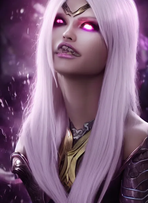 Image similar to syndra, from league of legends, white hair, purple magic, hyper detailed, digital art, au naturel, with abs, trending in artstation, cinematic lighting, studio quality, smooth render, unreal engine 5 rendered, octane rendered, art style by klimt and nixeu and ian sprigger and wlop and krenz cushart