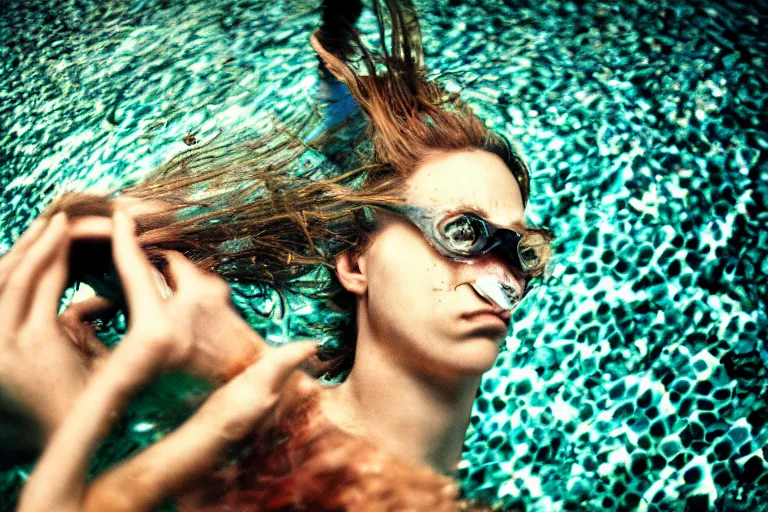 Image similar to 35mm color lomography, last photo, portrait, fashion shoot, weird, random, strange, spooky, hyperdetailed, photorealistic, high fashion, interesting, swimming pool, david cronenberg, by Mariusz Lewandowski