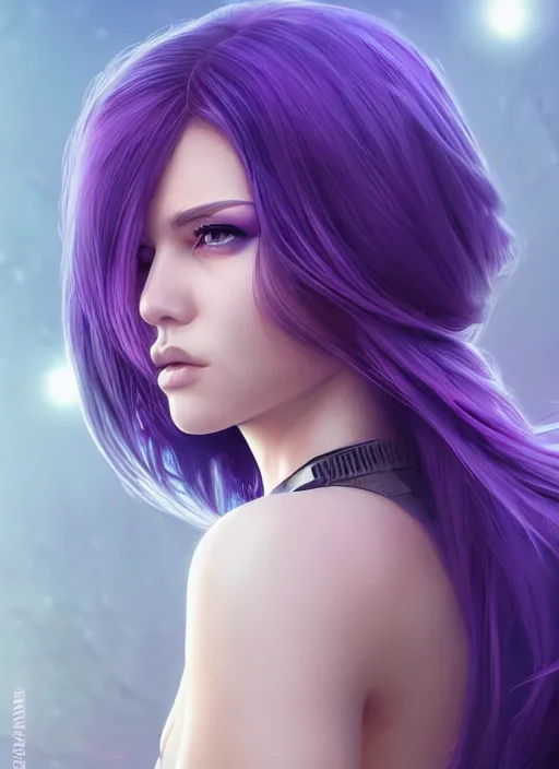 Prompt: futuristic dystopian stunning gorgeous woman, full body portrait, purple hair, wavy hair, short hair, art by artgerm, wlop, loish, ilya kuvshinov, 8 k hyperrealistic, hyperdetailed, beautiful lighting, detailed background, depth of field, symmetrical face, masterpiece, 2 d,