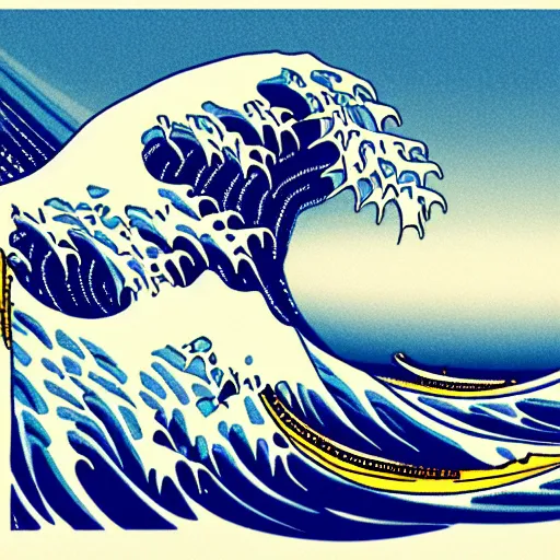 Prompt: detailed illustration, a elderly man surfing in the style of the great wave off kanagawa, surfing, 🏄,