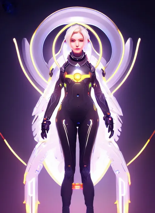 Image similar to symmetry portrait of mercy from overwatch, sci - fi, tech wear, glowing lights intricate, elegant, highly detailed, digital painting, artstation, concept art, smooth, sharp focus, illustration, art by artgerm and greg rutkowski and alphonse mucha