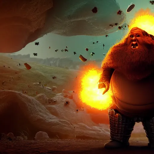 Image similar to highly detailed octane render of a short ugly fat man with a giant beard and wearing armour whilst laughing at a green mushroom cloud surrounded by dead insects in a cave