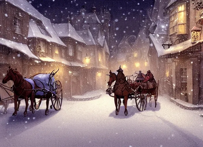 Image similar to a night scene of a snowy town with a horse drawn carriage, a detailed matte painting by anton pieck, deviantart contest winner, fantasy art, concept art, official art, matte drawing