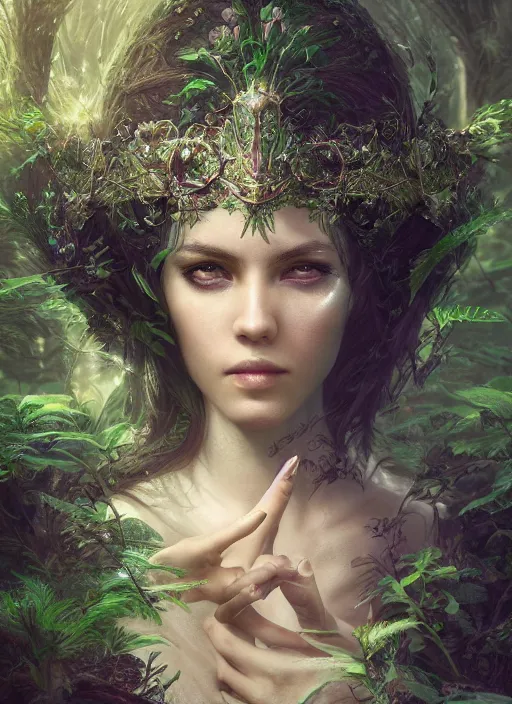 Prompt: Beautiful art portrait of a female fantasy sorceress in a dark mystical fantasy temple surrounded by lush spring time forest, atmospheric lighting, intricate detail, cgsociety, hyperrealistic, octane render, RPG portrait, ambient light, dynamic lighting