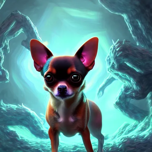 Image similar to a transcendent chihuahua with three eyes living in an extradimensional reality, in the style of wlop, illustration, epic, fantasy, hyper detailed, smooth, unreal engine, sharp focus, ray tracing, physically based rendering, renderman, beautiful