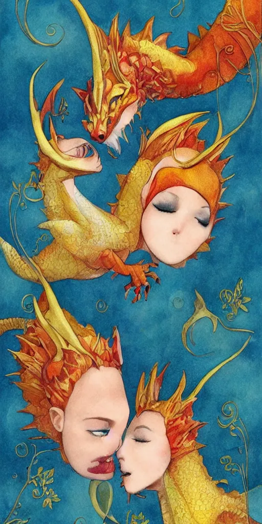 Image similar to greeting card, love, 2 beautiful dragons, by tran nguyen, warm colors, cozy