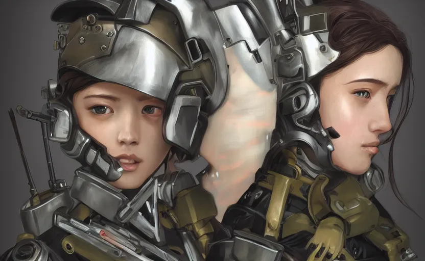 Prompt: portrait, mechanized soldier girl, anime style, urban, military gear, soldier clothing, combat helmet, short hair, hair down, symmetrical facial features, from arknights, hyper realistic, 4 k, rule of thirds, extreme detail, detailed drawing, trending artstation, hd, d & d, realistic lighting, by alphonse mucha, greg rutkowski