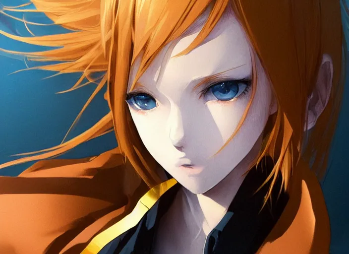 Image similar to androgynous girl with sky blue straight hair, bangs, amber eyes, gold eyes, wearing a black jacket, high collar, ultra detailed, concept art, award winning photography, digital painting, cinematic, by wlop, anime key visual, closeup, pixiv, happy, yoshitaka amano, ilya kuvshinov,