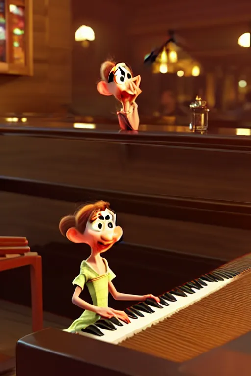 Prompt: the girl playing piano on a bar. pixar disney 4 k 3 d render funny animation movie oscar winning trending on artstation and behance. ratatouille style.