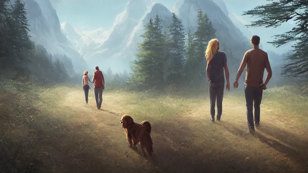 Image similar to “ one man, one women, one young boy, one golden retriever, walk on a trail in forest, mountains in the background, highly detailed, 4 k, by charlie bowater, by greg rutkowski ”