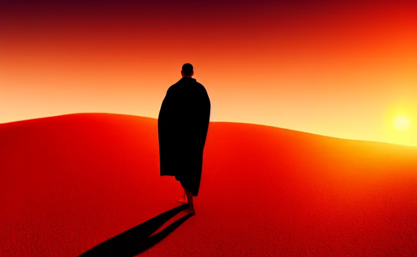 Image similar to a man on a sand dune, silhouetted against the horizon, desert landscape, simple robe blowing in the wind, sun setting, orange and red sky, detailed, futuristic, volumetric light, intricate, detailed, photorealistic imagery, artstation