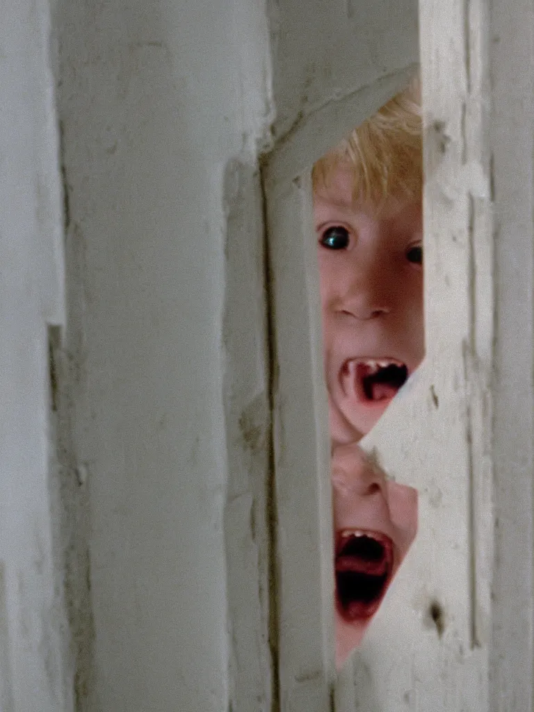 Image similar to a cute little blonde kid trying to see through a huge vertical crack on a white wooden door and grinning maniacally, a still from the 1980 movie the shining, realism, 4k, grainy, panavision