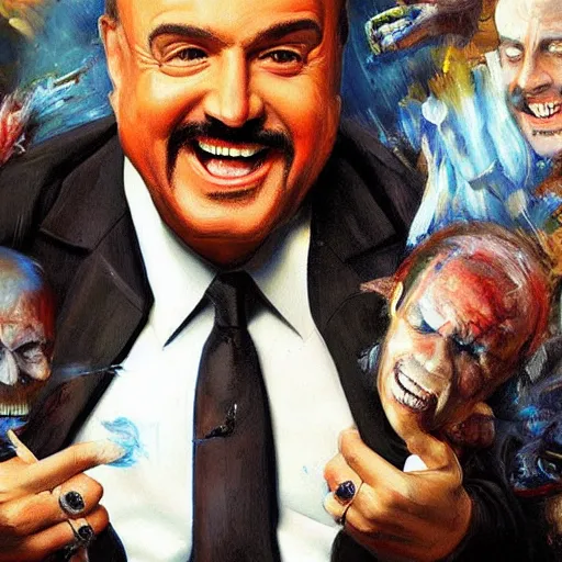 Prompt: highly detailed oil painting, concept art, dr phil laughing and dancing on a pile of dead bodies, concept art, highly detailed