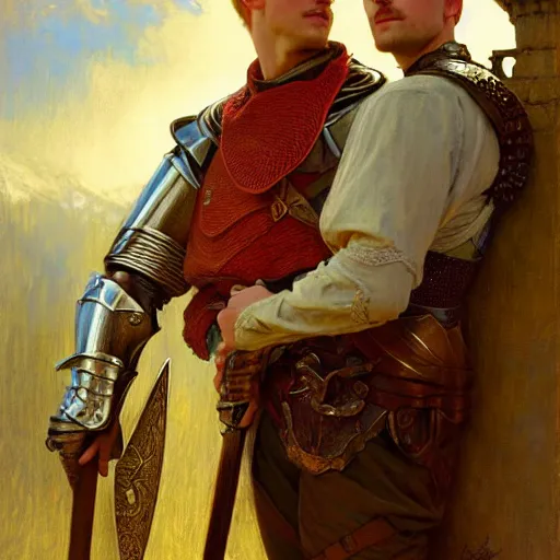 Image similar to attractive arthur pendragon and his attractive male knight, they are in love, natural lighting, path traced, highly detailed, high quality, digital painting, by gaston bussiere, craig mullins, alphonse mucha j. c. leyendecker