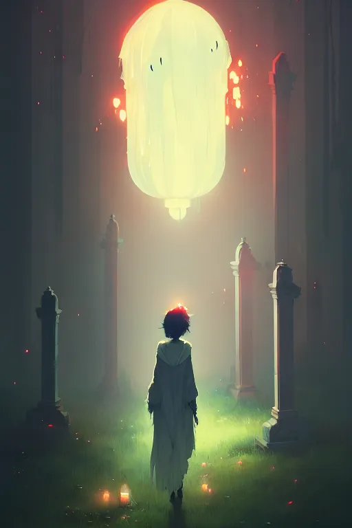 Image similar to a ultradetailed beautiful panting of a lost ghost, roaming a graveyard with lantern, by conrad roset, greg rutkowski and makoto shinkai trending on artstation