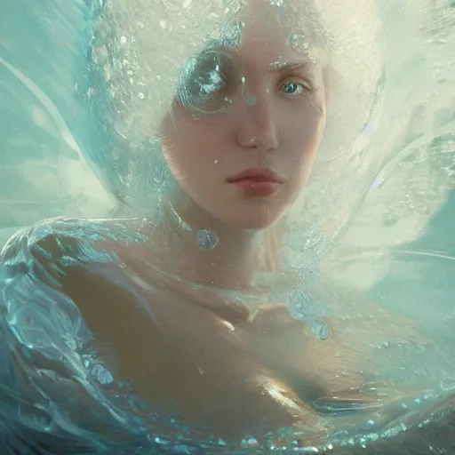 Image similar to a beautiful portrait of a water goddess with transparent skin by Greg Rutkowski and Raymond Swanland, Trending on Artstation, water background, ultra realistic digital art